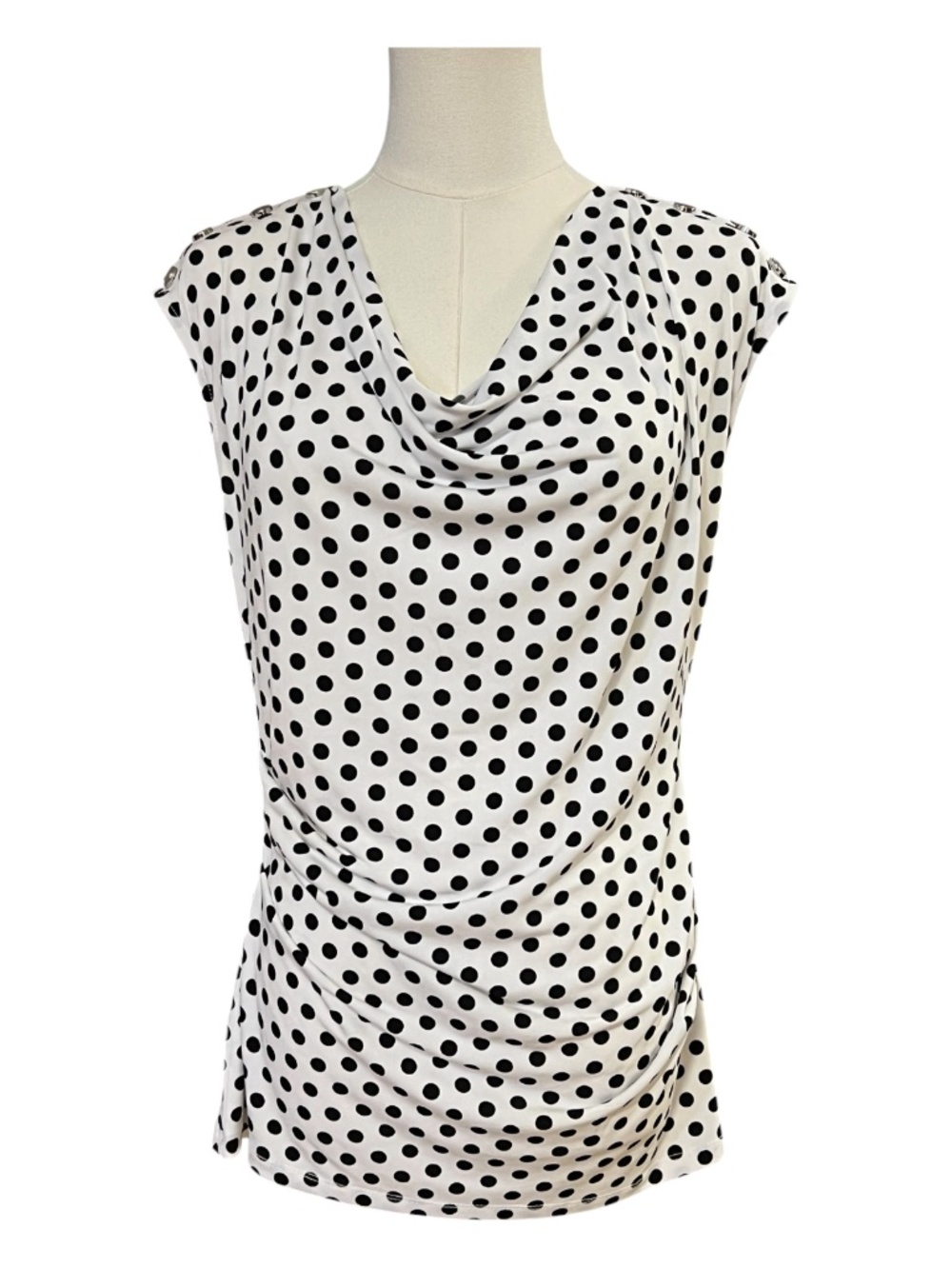 EUC TAHARI Polka Dot Ruched Cowl Neck Blouse